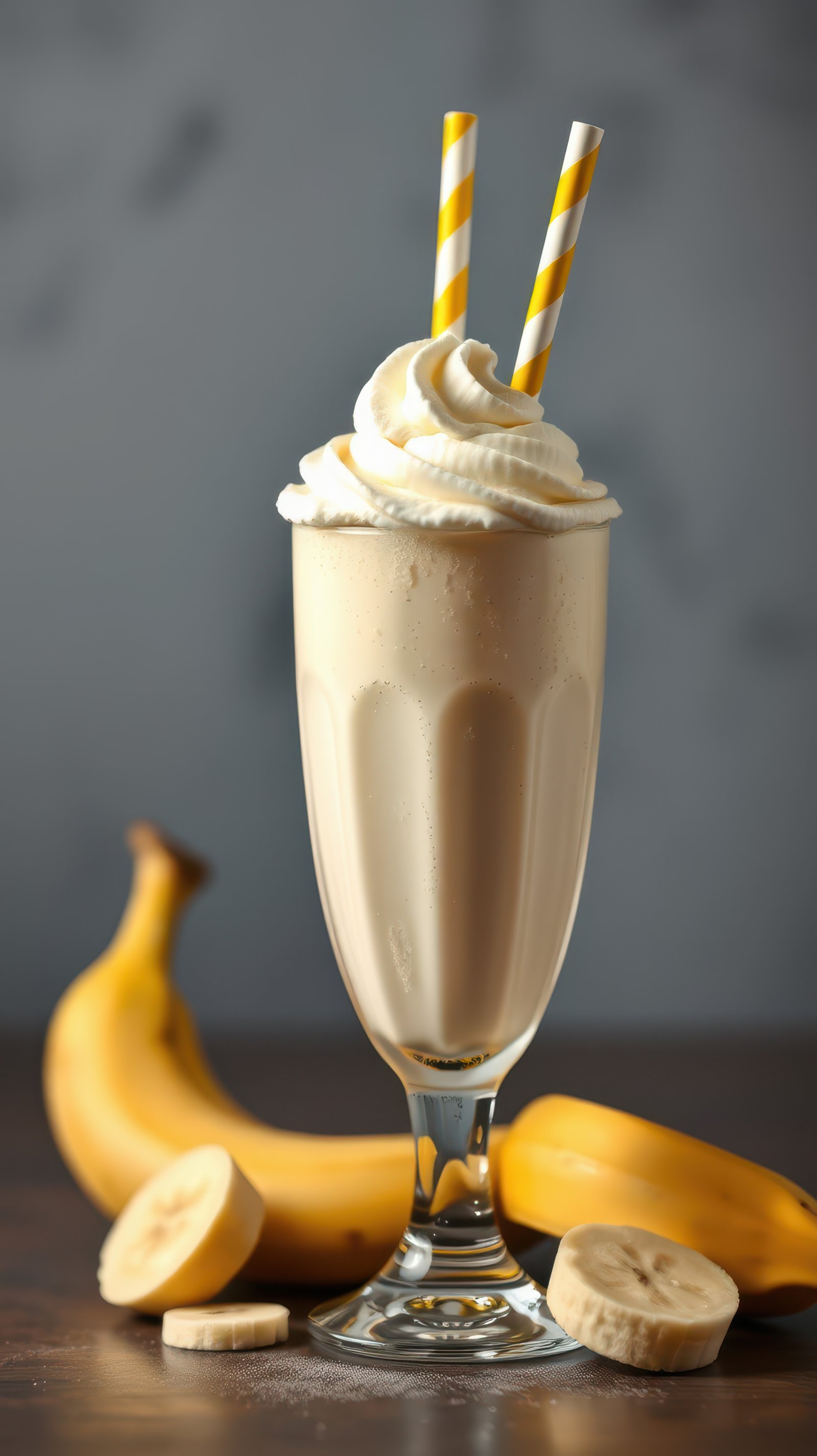 Creamy banana milkshake with whipped cream served in a tall glass alongside fresh bananas on a wooden table